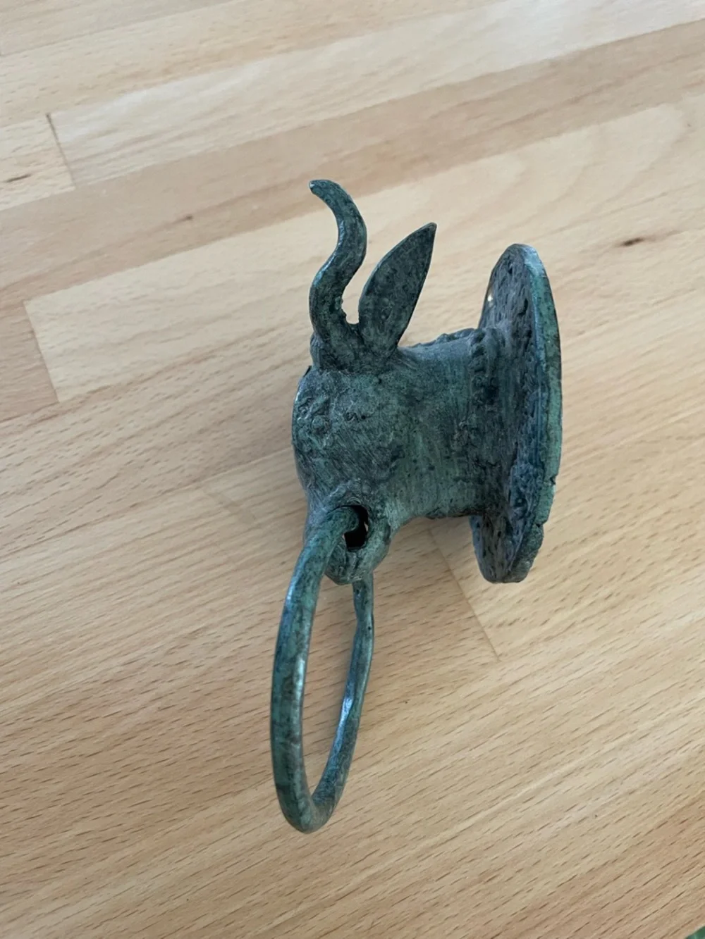 Antique-Style Bull Head Wall Ring - Green Patina